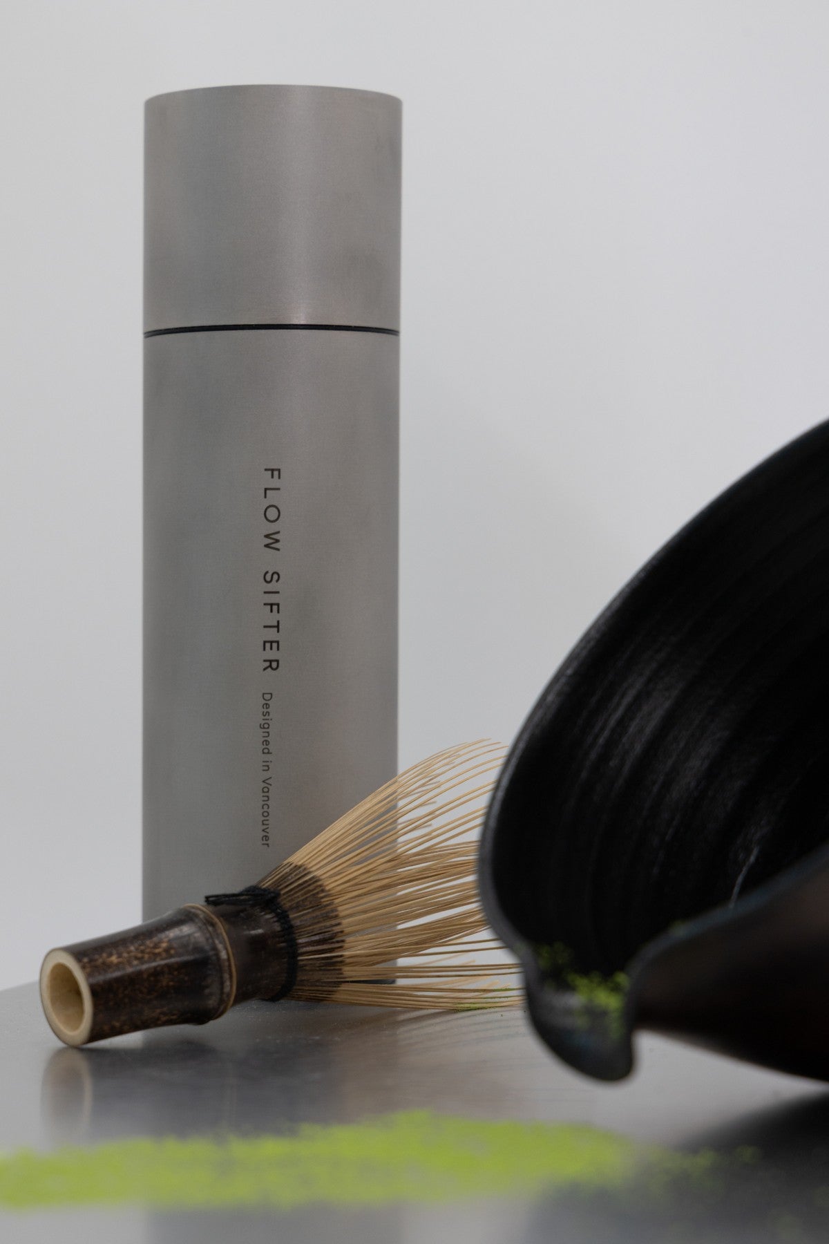 Satin Flow Sifter with a bamboo whisk and matcha bowl